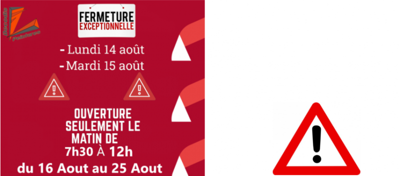 Decodis Peintures ferme le 14-15 Aout et ouvert seulement le matin du 16 au 25 Aout